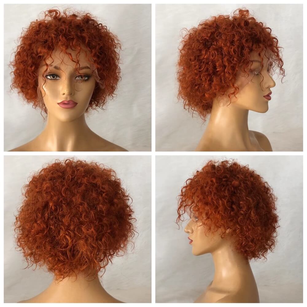 Orange Color curly Pixie Cut Lace Wig  Human Hair for African American