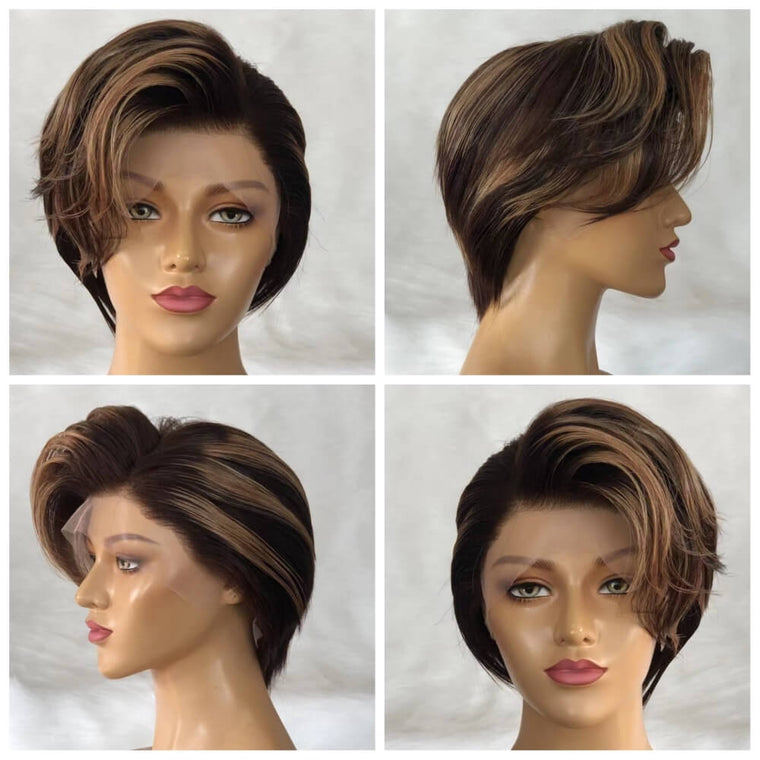 Brown Color Pixie Cut Straight Wig with Highlight Color Human Hair