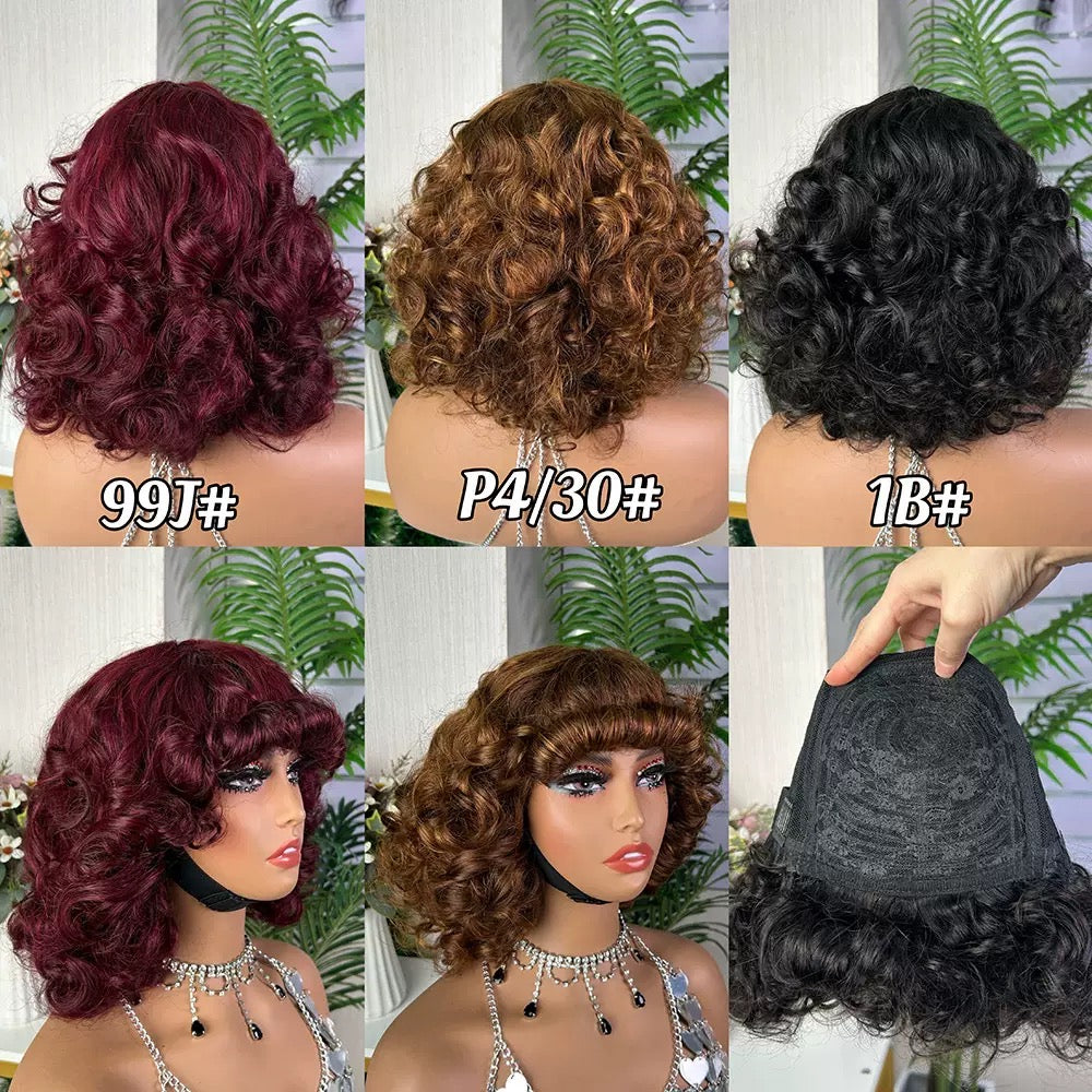 Short Bouncy Loose Brazilian Human Hair Wig with Bangs for Black Women