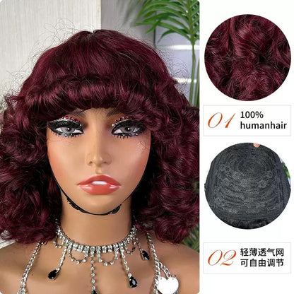 Short Bouncy Loose Brazilian Human Hair Wig with Bangs for Black Women