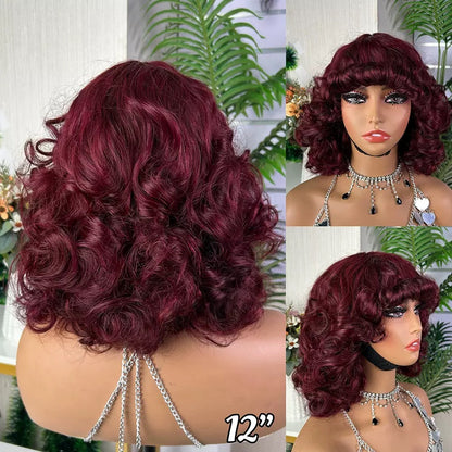 Short Bouncy Loose Brazilian Human Hair Wig with Bangs for Black Women