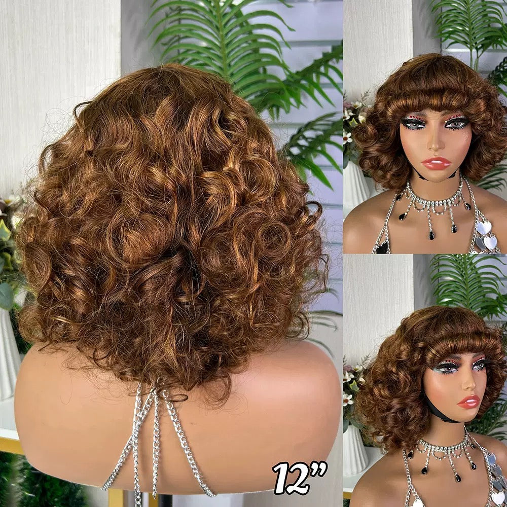 Short Bouncy Loose Brazilian Human Hair Wig with Bangs for Black Women