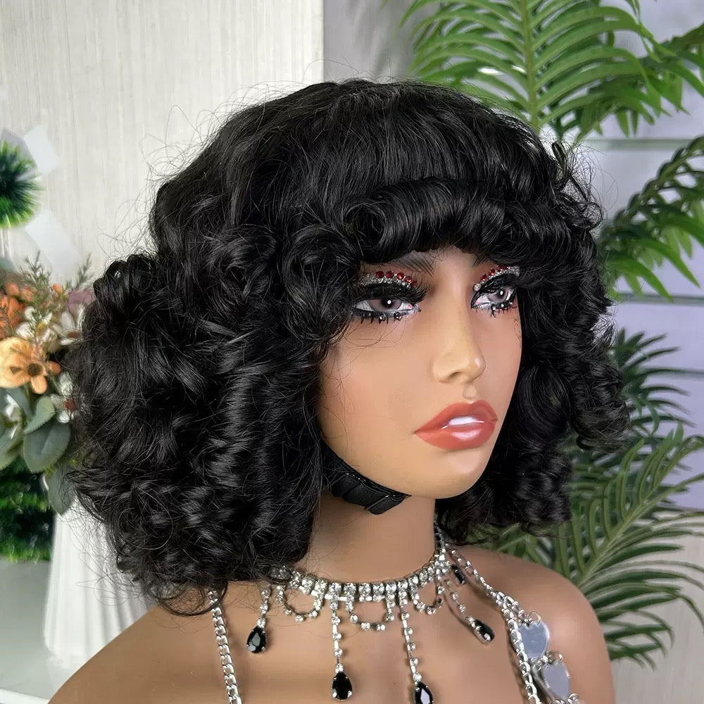 Short Bouncy Loose Brazilian Human Hair Wig with Bangs for Black Women