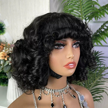 Short Bouncy Loose Brazilian Human Hair Wig with Bangs for Black Women
