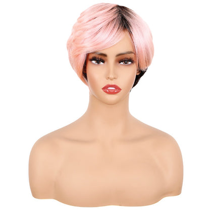 Short Pixie Cut Wig Pink Color with Black Roots Layered Glueless Human Hair Pixie Wig with Bangs for Black Women Non-lace Full Machine Made&nbsp;