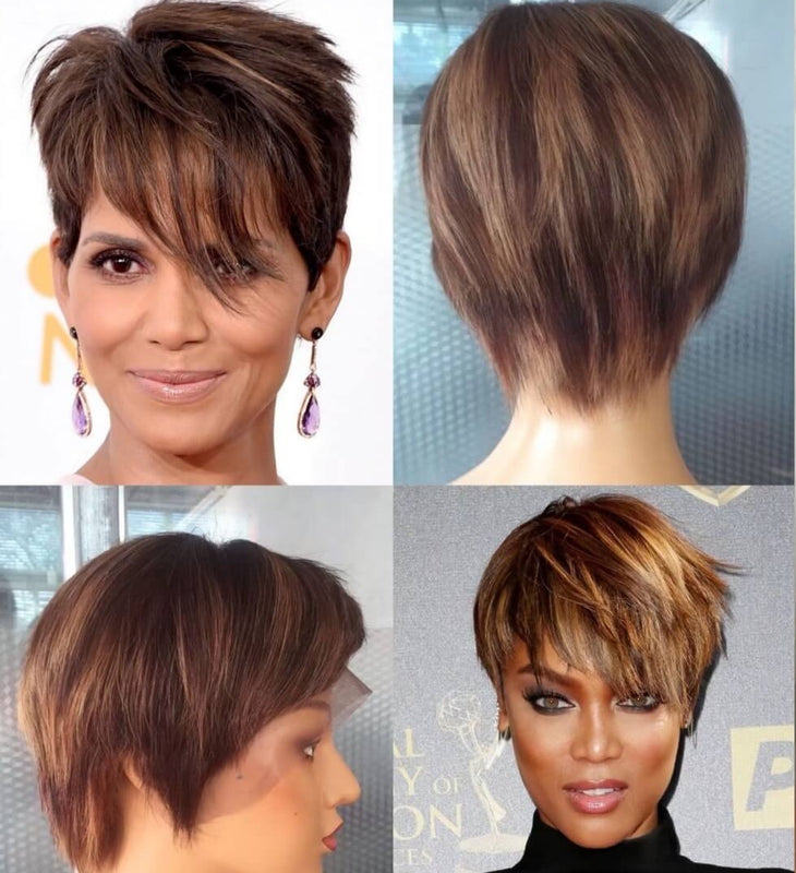 Brown Pixie Cut Wig with Highlight Color Human Hair for African American