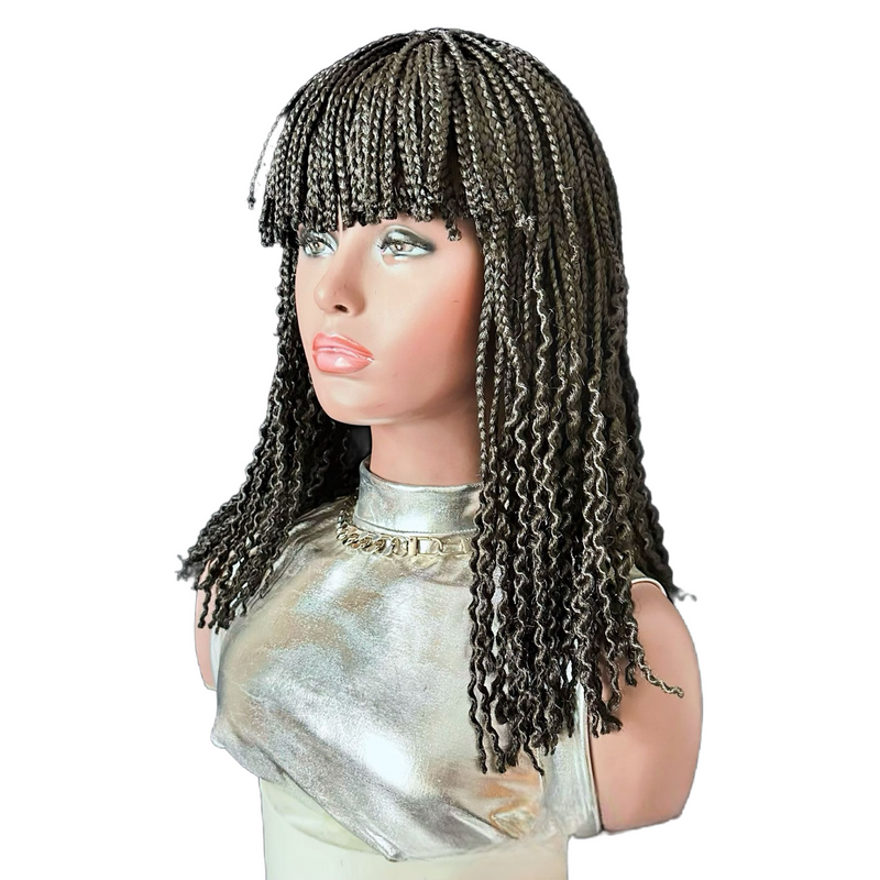 14-Inch Short Box Braided Bob Wig with Curtain Bangs & Curly Ends, Synthetic Hair Wig for Black Women