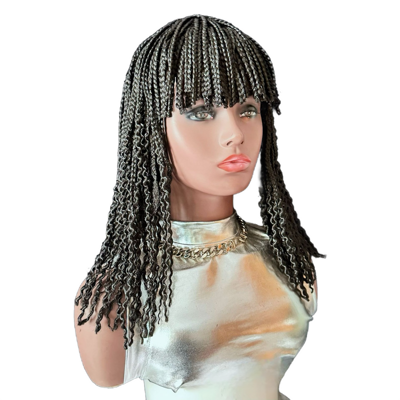 14-Inch Short Box Braided Bob Wig with Curtain Bangs & Curly Ends, Synthetic Hair Wig for Black Women