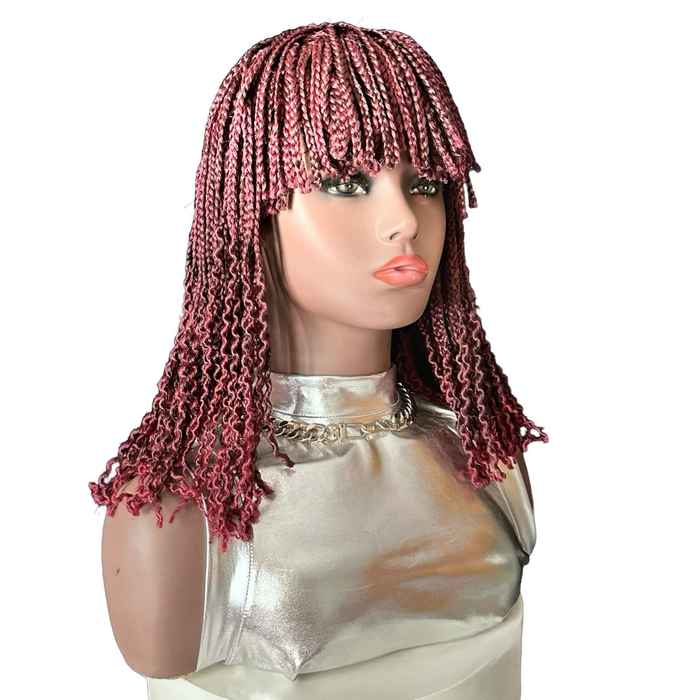 14-Inch Short Box Braided Bob Wig with Curtain Bangs & Curly Ends, Synthetic Hair Wig for Black Women