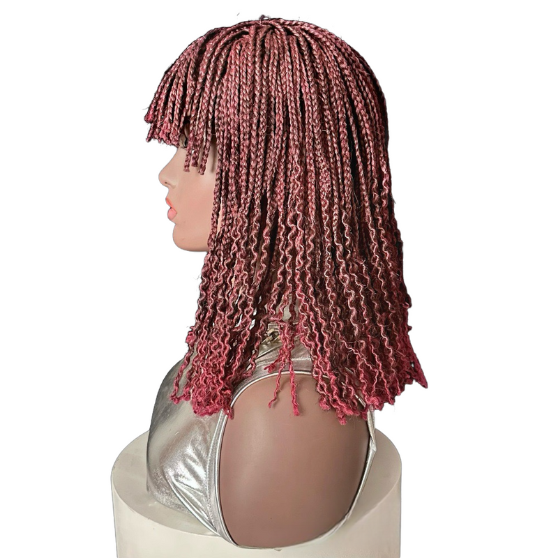 14-Inch Short Box Braided Bob Wig with Curtain Bangs & Curly Ends, Synthetic Hair Wig for Black Women