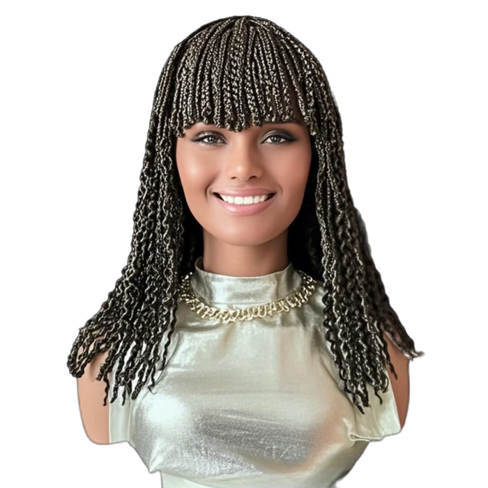 14-Inch Short Box Braided Bob Wig with Curtain Bangs & Curly Ends, Synthetic Hair Wig for Black Women