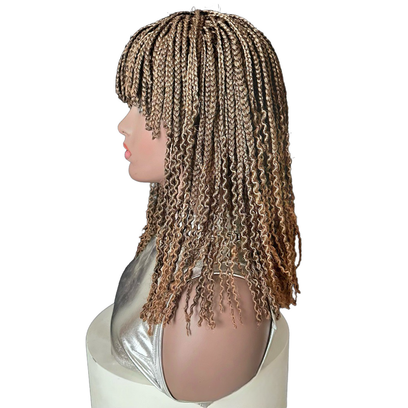 14-Inch Short Box Braided Bob Wig with Curtain Bangs & Curly Ends, Synthetic Hair Wig for Black Women