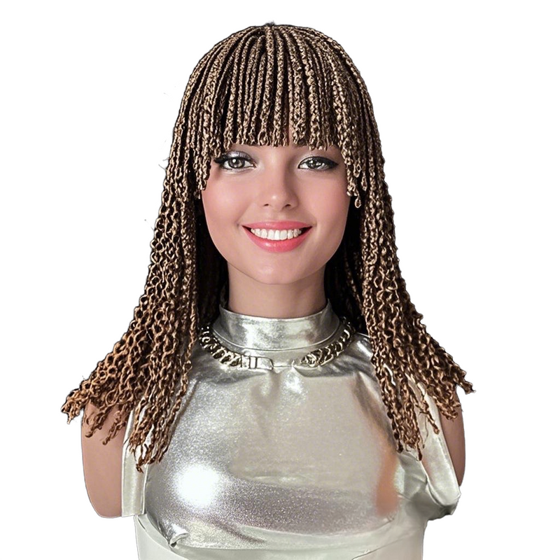 14-Inch Short Box Braided Bob Wig with Curtain Bangs & Curly Ends, Synthetic Hair Wig for Black Women