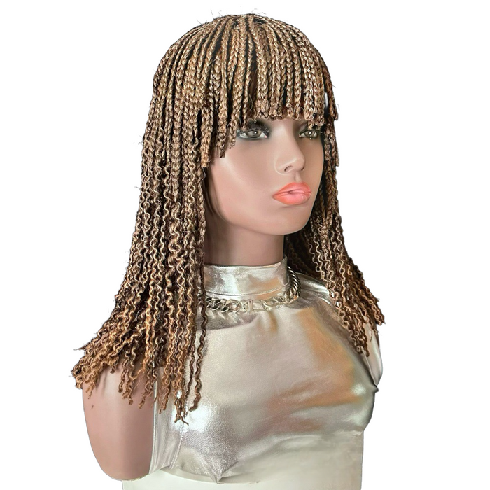 14-Inch Short Box Braided Bob Wig with Curtain Bangs & Curly Ends, Synthetic Hair Wig for Black Women