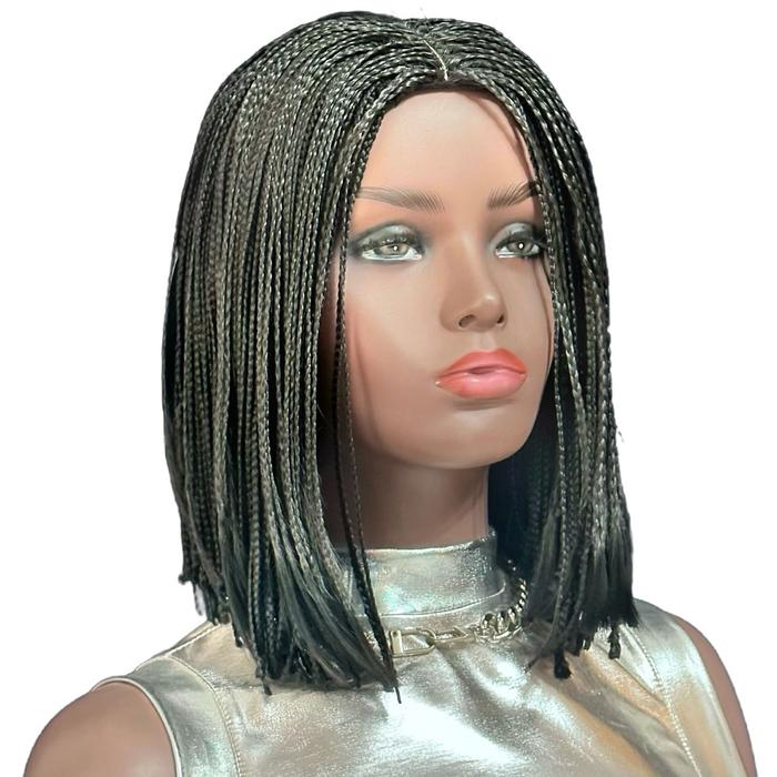 12 Inch Micro Box Braided Bob Wig - Black Color, Middle Part, 300g Synthetic Braided Wig bone straight  for Black Women