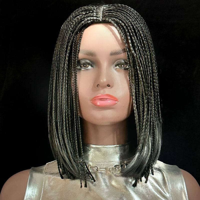 12 Inch Micro Box Braided Bob Wig - Black Color, Middle Part, 300g Synthetic Braided Wig bone straight  for Black Women