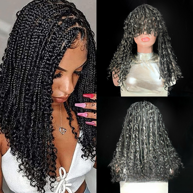 14 Inch Short Black Curly Box Braided Bob Wig with Bangs - Boho Braids Synthetic Hair Wig for Black Women