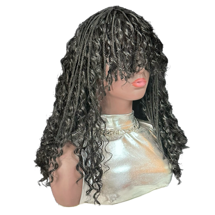 14 Inch Short Black Curly Box Braided Bob Wig with Bangs - Boho Braids Synthetic Hair Wig for Black Women