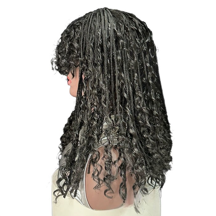 14 Inch Short Black Curly Box Braided Bob Wig with Bangs - Boho Braids Synthetic Hair Wig for Black Women