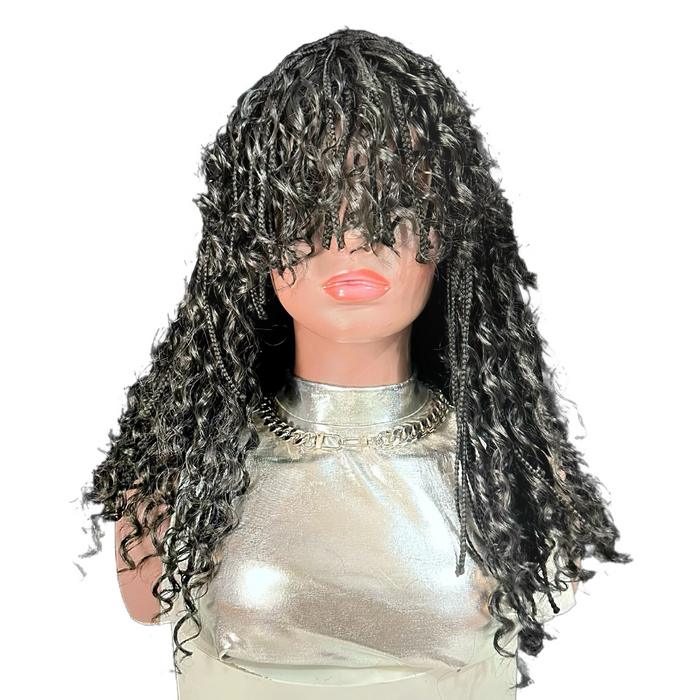 14 Inch Short Black Curly Box Braided Bob Wig with Bangs - Boho Braids Synthetic Hair Wig for Black Women