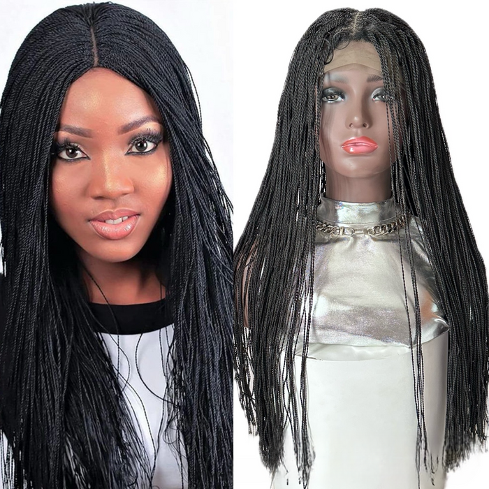 26 Inch Long Micro Million Braided Lace Frontal Wig - 2X Twist Braids, Middle Part, Hand-Braided Synthetic Hair Wig for Black Women-#4