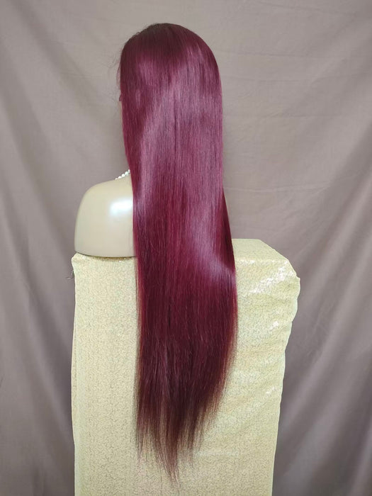 Burgundy Straight Human Hair Lace Front Wig Long Hair for African American