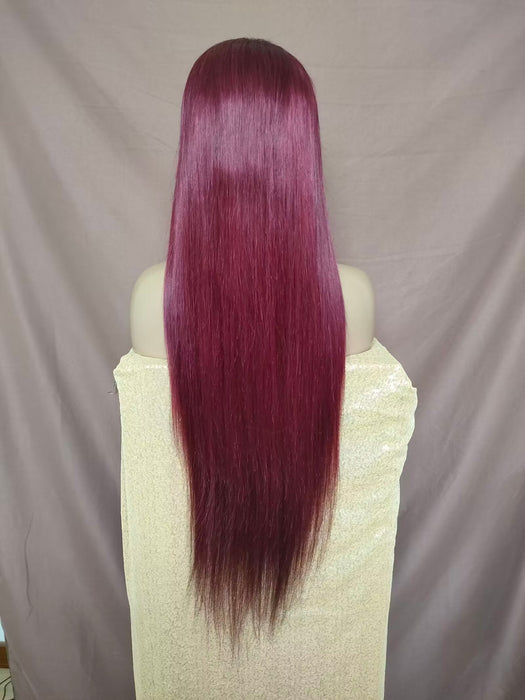Burgundy Straight Human Hair Lace Front Wig Long Hair for African American