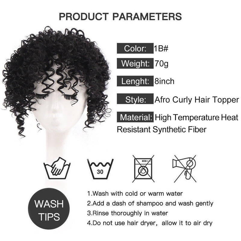 Short Kinky Curly Hair Toppers with Bangs Synthetic Wiglets Hair Pieces Clip in Afro Curly Bangs for Black Women with Thinning Hair Instant Volume and Style - #1B