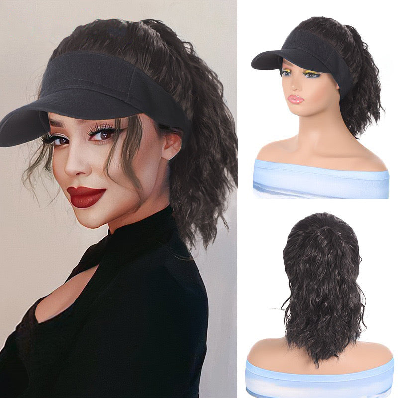 Black Baseball Cap with Hair Attached Wave Hat Wig  for Black Women