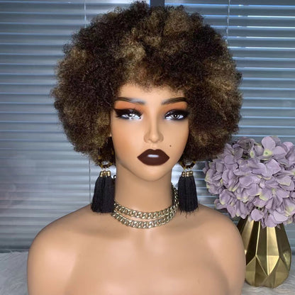 Brown Highlight Afro Wig Human Hair Short Afro Kinky Curly Wig for Black Women