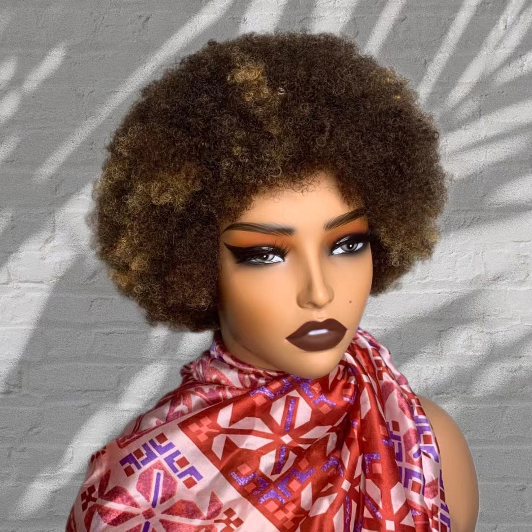 Brown Highlight Afro Wig Human Hair Short Afro Kinky Curly Wig for Black Women