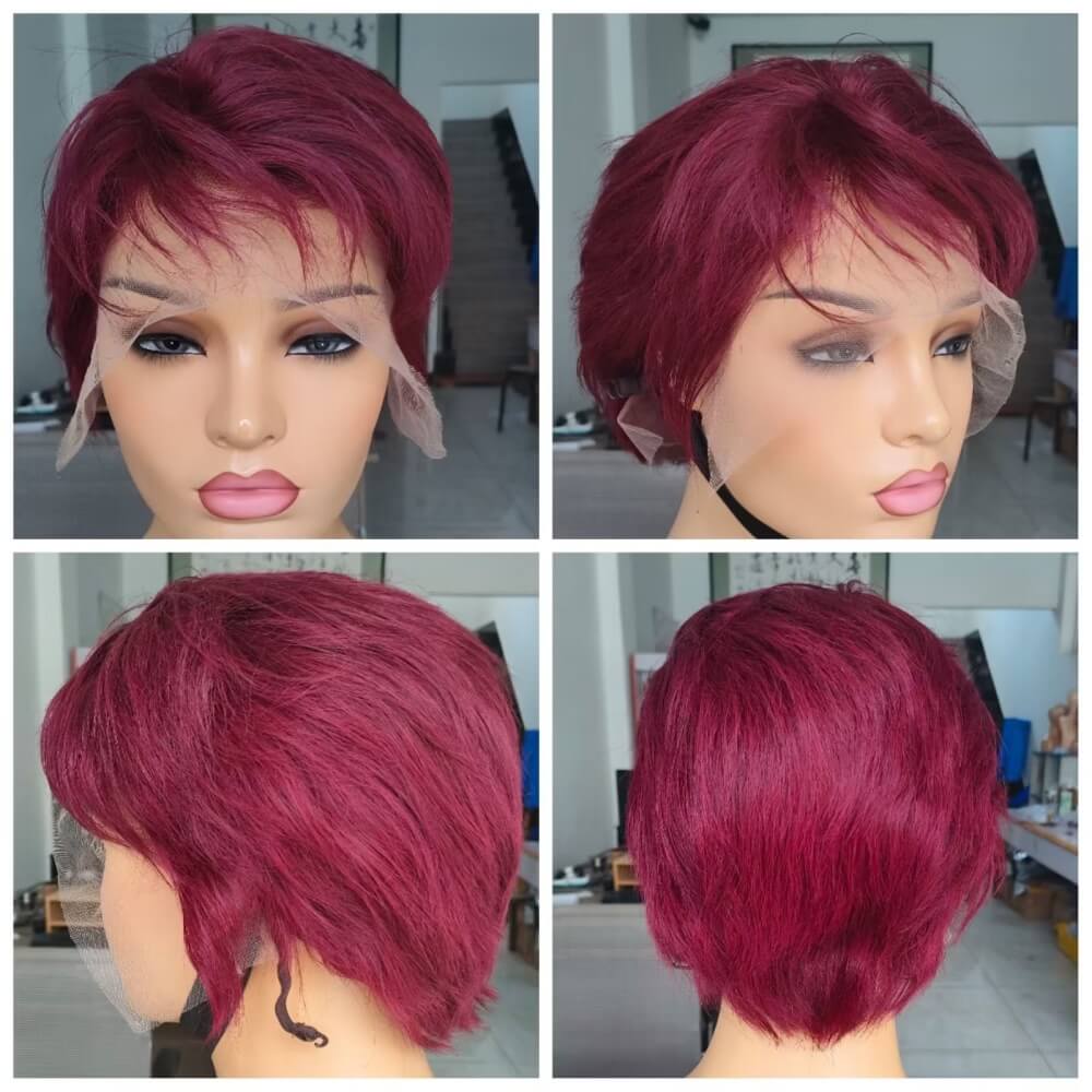 Red Color Straight Pixie Cut Lace Wig  Human Hair for African American