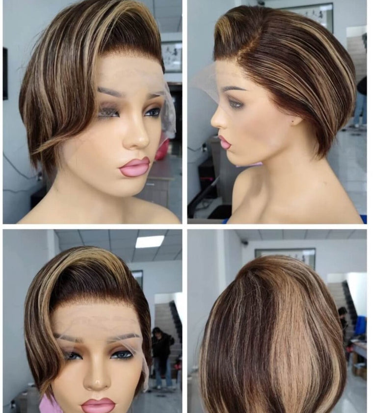 Brown Pixie Cut Lace Wig with Highlight Color Human Hair for African American