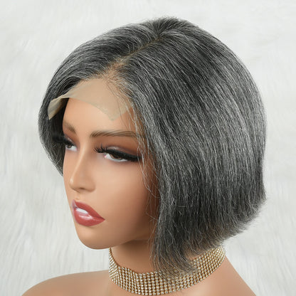 Human Hair Salt & Pepper Glueless Lace Wig 4x4 Short Pixie Cut Straight Bob for Old lady