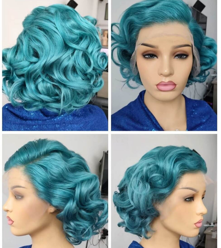 Blue Color Pixie Cut Lace Wig Loose Wave Human Hair for African American