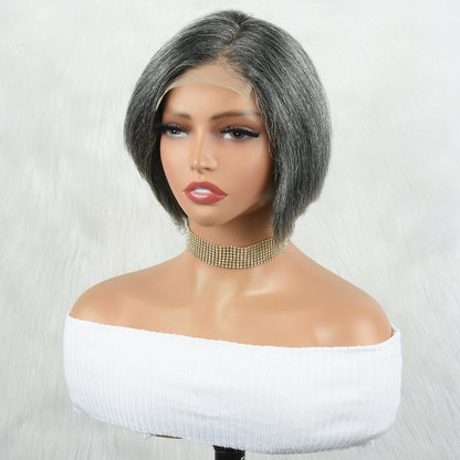 Human Hair Salt & Pepper Glueless Lace Wig 4x4 Short Pixie Cut Straight Bob for Old lady