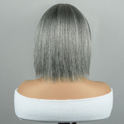 100% Human Hair Salt and Pepper Wigs Bob with Bangs for Older Black Ladies