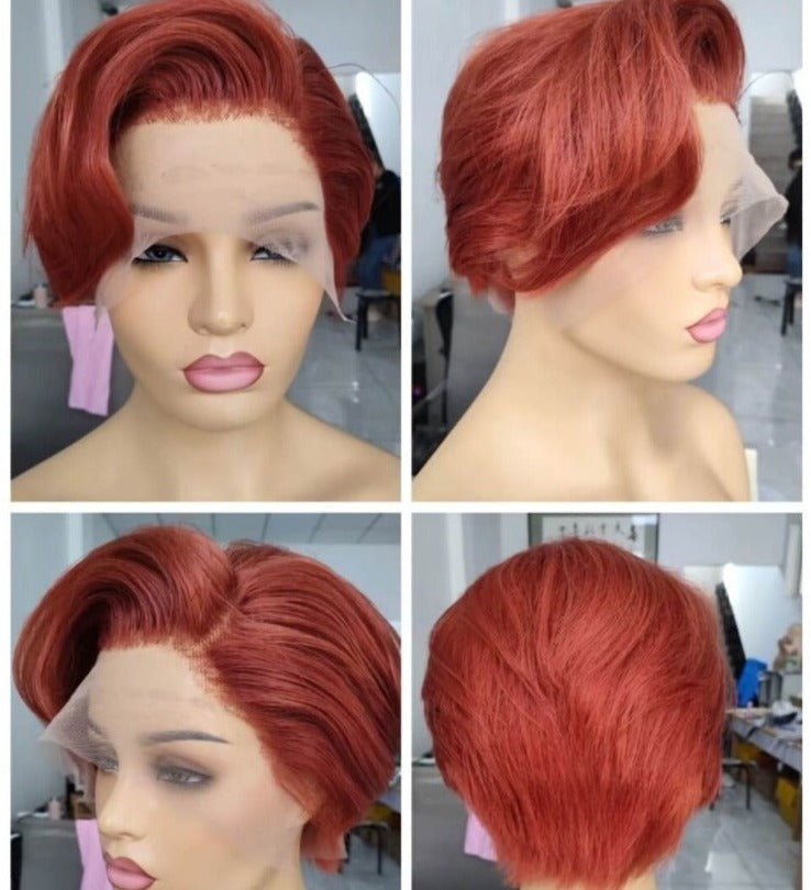 Orange Color Pixie Cut Lace Frontal Wig  Human Hair for African American