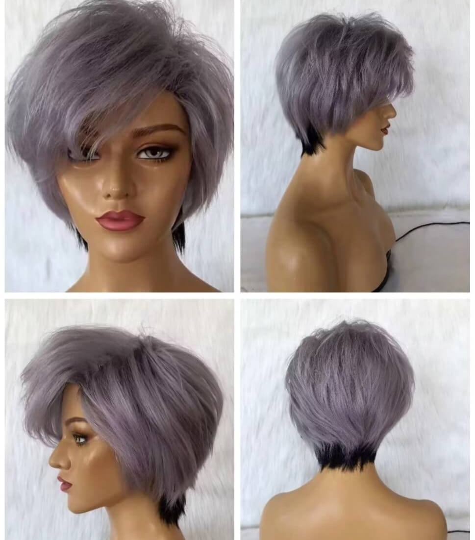 Straight Gray Human Hair Pixie Cut Wig Lace Frontal for Black Women