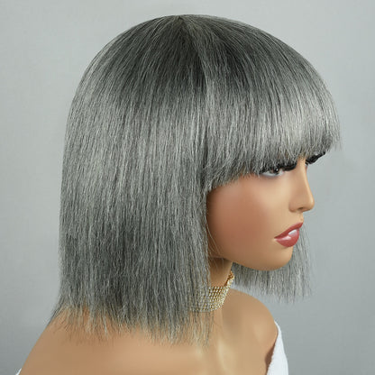 100% Human Hair Salt and Pepper Wigs Bob with Bangs for Older Black Ladies