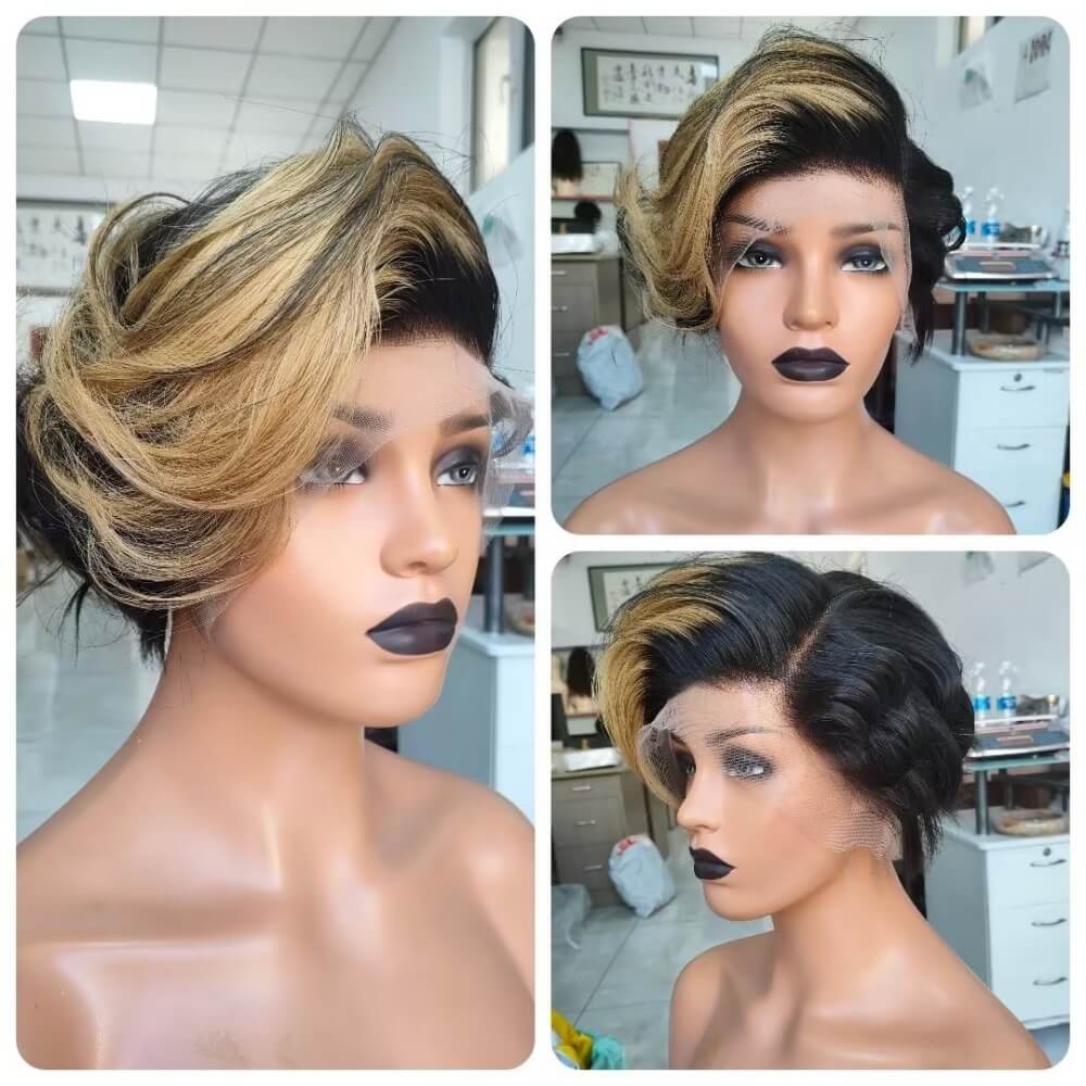 Brown Ombre Black Pixie Cut Lace Wig Straight Human Hair Side Part