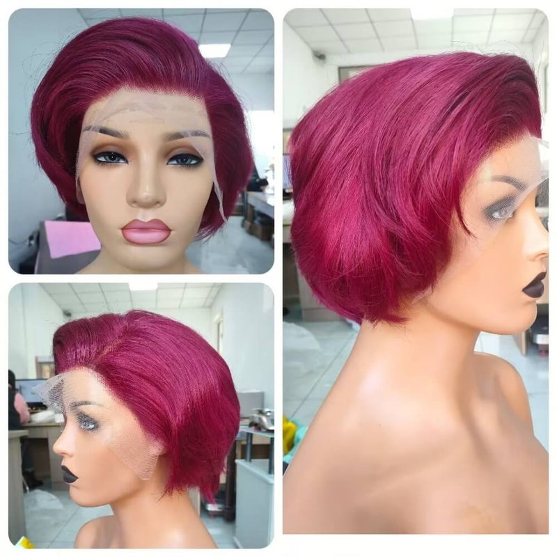 Red Color Pixie Cut Lace Frontal Wig Human Hair for African American