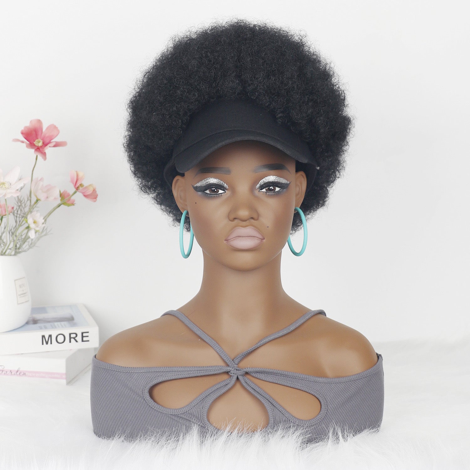 Black Baseball Cap with  Afro Hair Attached Hat Wig for Black Women