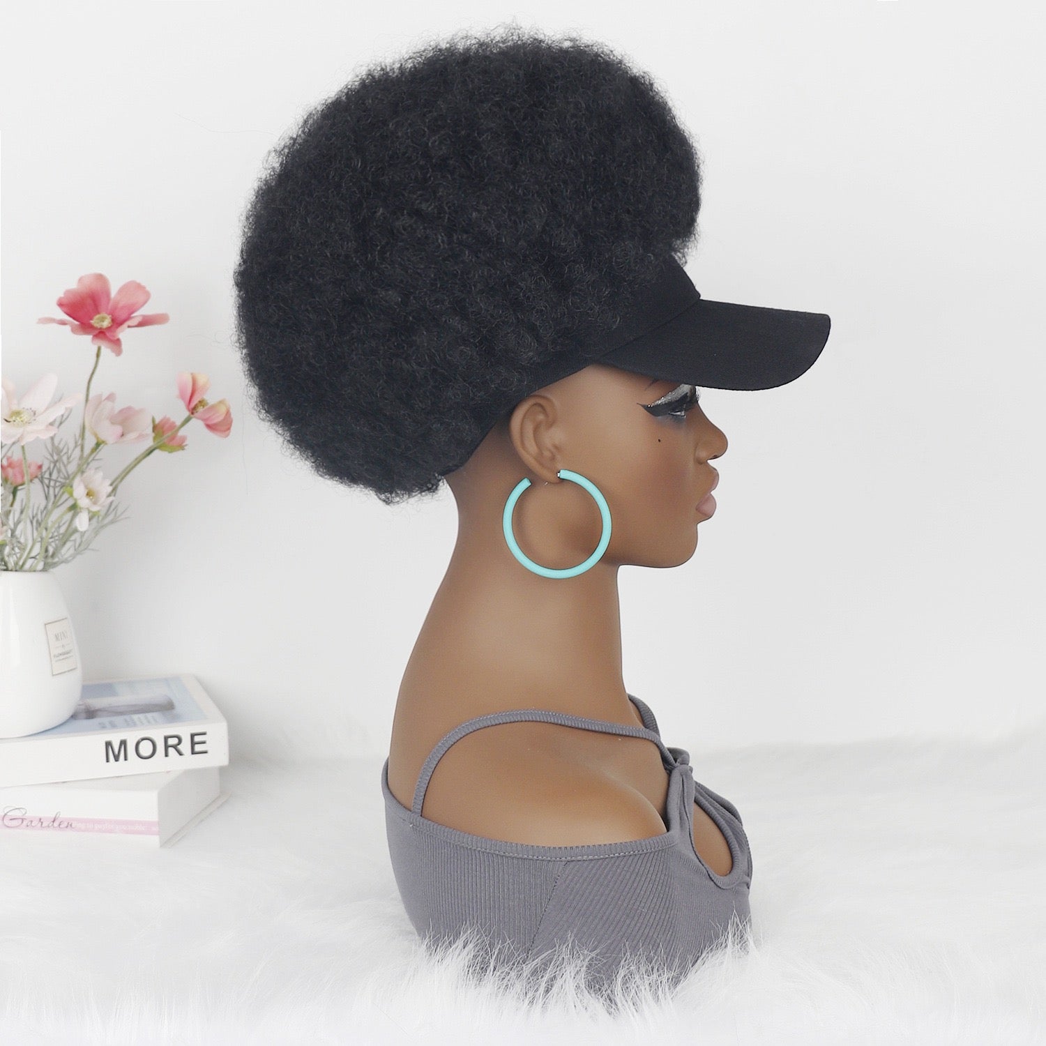 Black Baseball Cap with  Afro Hair Attached Hat Wig for Black Women