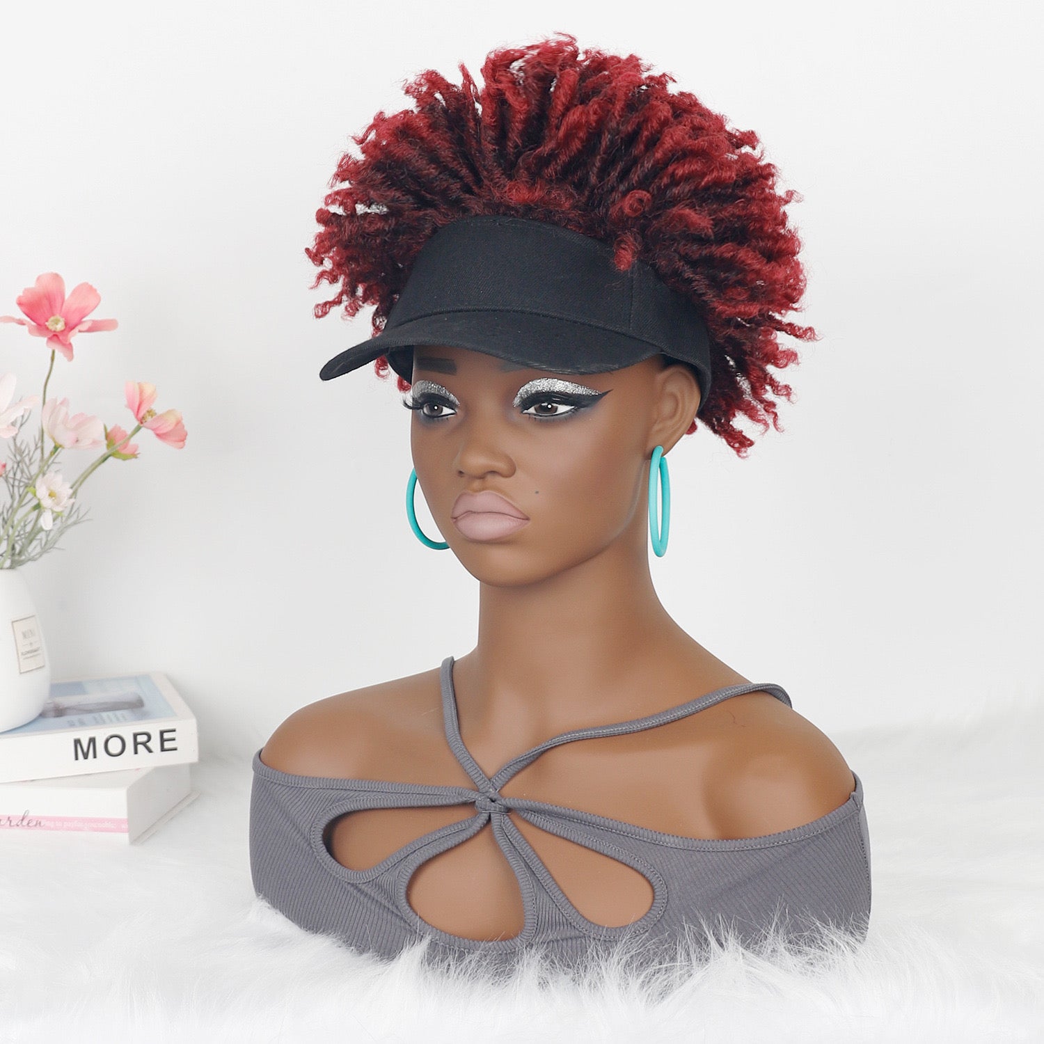 Short Braided Hat Wig Ombre Red Color Dreadlocks Braids Wigs for Black Women