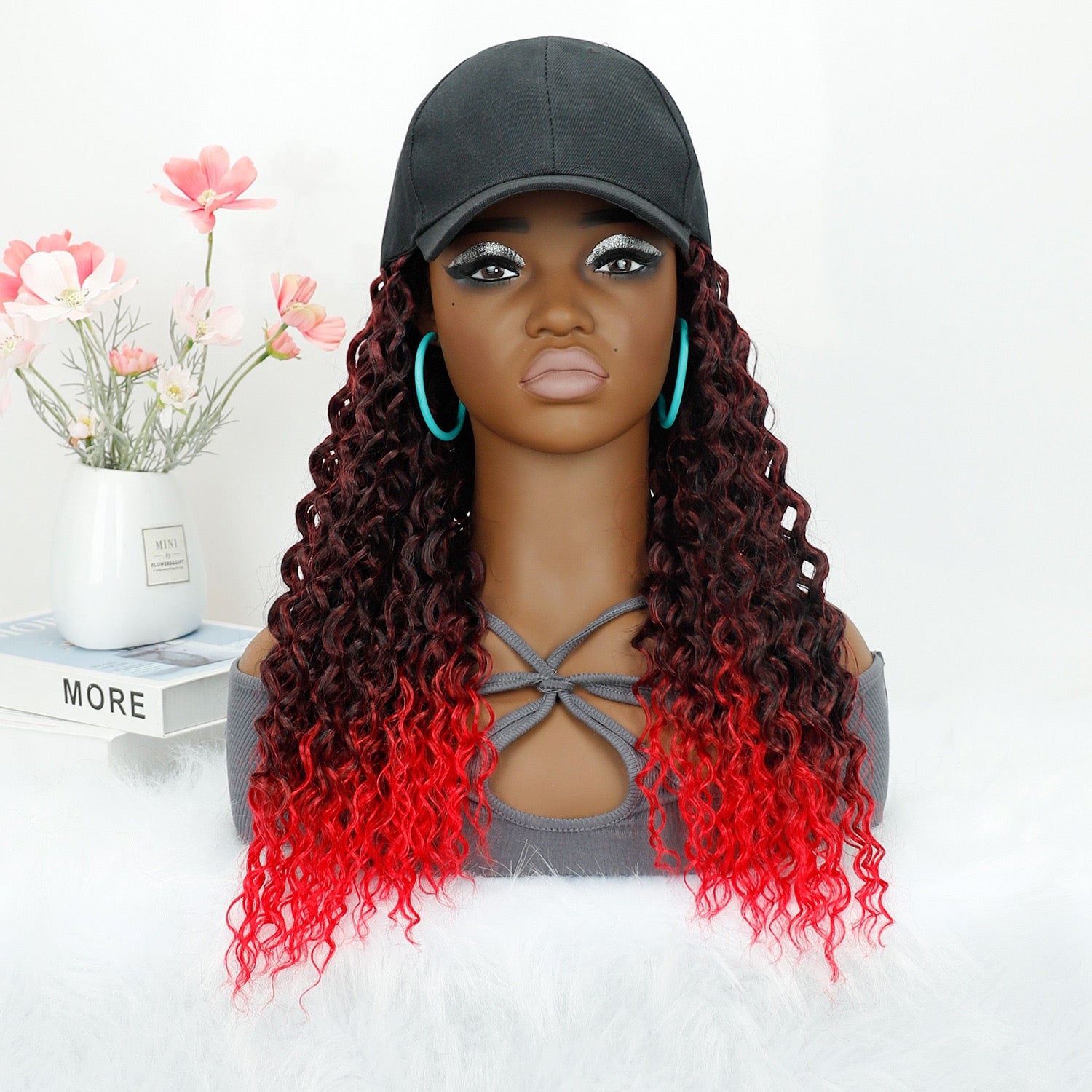 Long Baseball Cap with Curly Hair Attached 18inch Hat Wig for Women