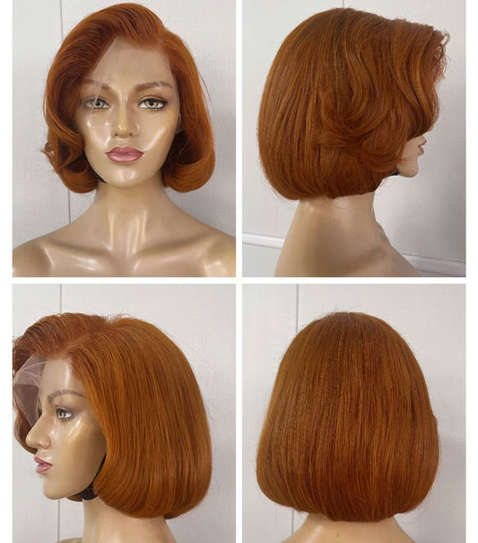Colored Pixie Cut Lace Frontal Bob Wig Human Hair #350 Orange color for African American