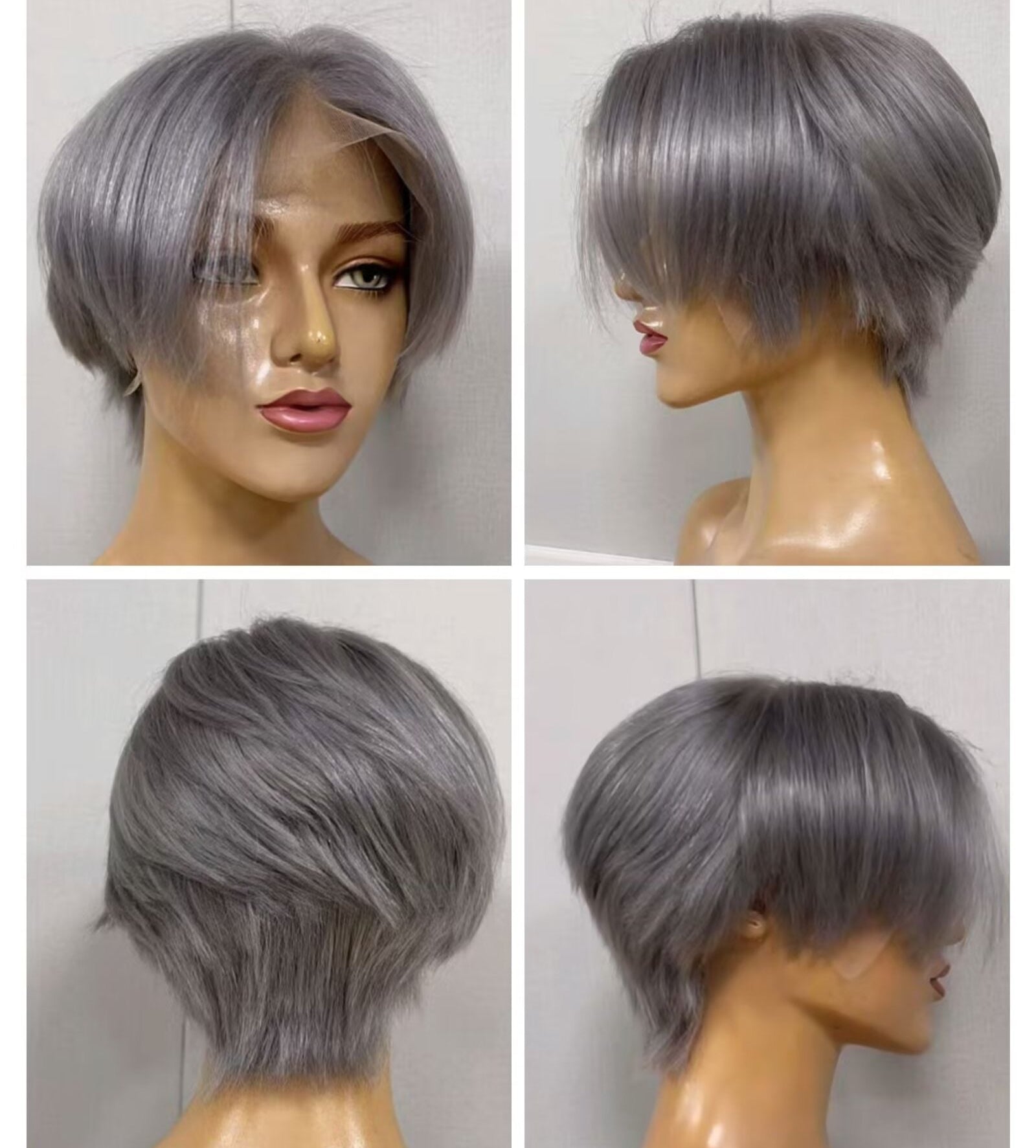 Grey Straight Pixie Cut Lace Wig Lace Frontal Human Hair for African American