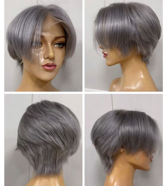 Grey Straight Pixie Cut Lace Wig Lace Frontal Human Hair for African American