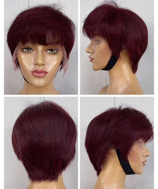 Burgundy Straight Pixie Cut Wig Lace Wig 13x4 Human Hair for African American